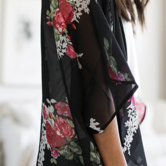 Kimono Cardigan Top Cover Up Blouse Beach Rose Chiffon Loose Shawl Print - Picture 2 of 10